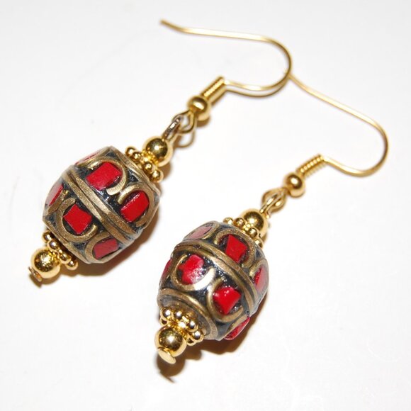 Tibetan Earrings,Ethnic Earrings,Bronze Inlaid Bead Earrings,Red Coral,Turquoise - Picture 2 of 2